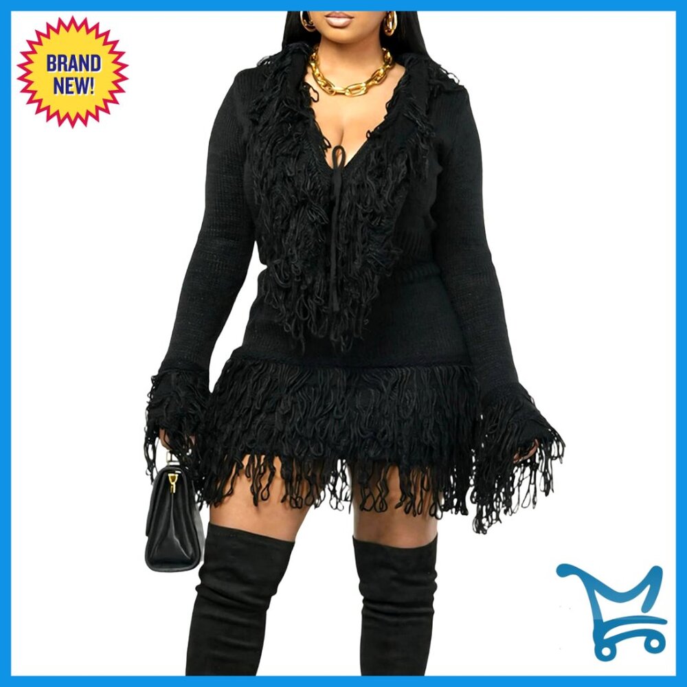 Ribbed Knit Sweater Mini Skirt Set Tassel Fringe Y2k Chic Fall Winter Outfit
